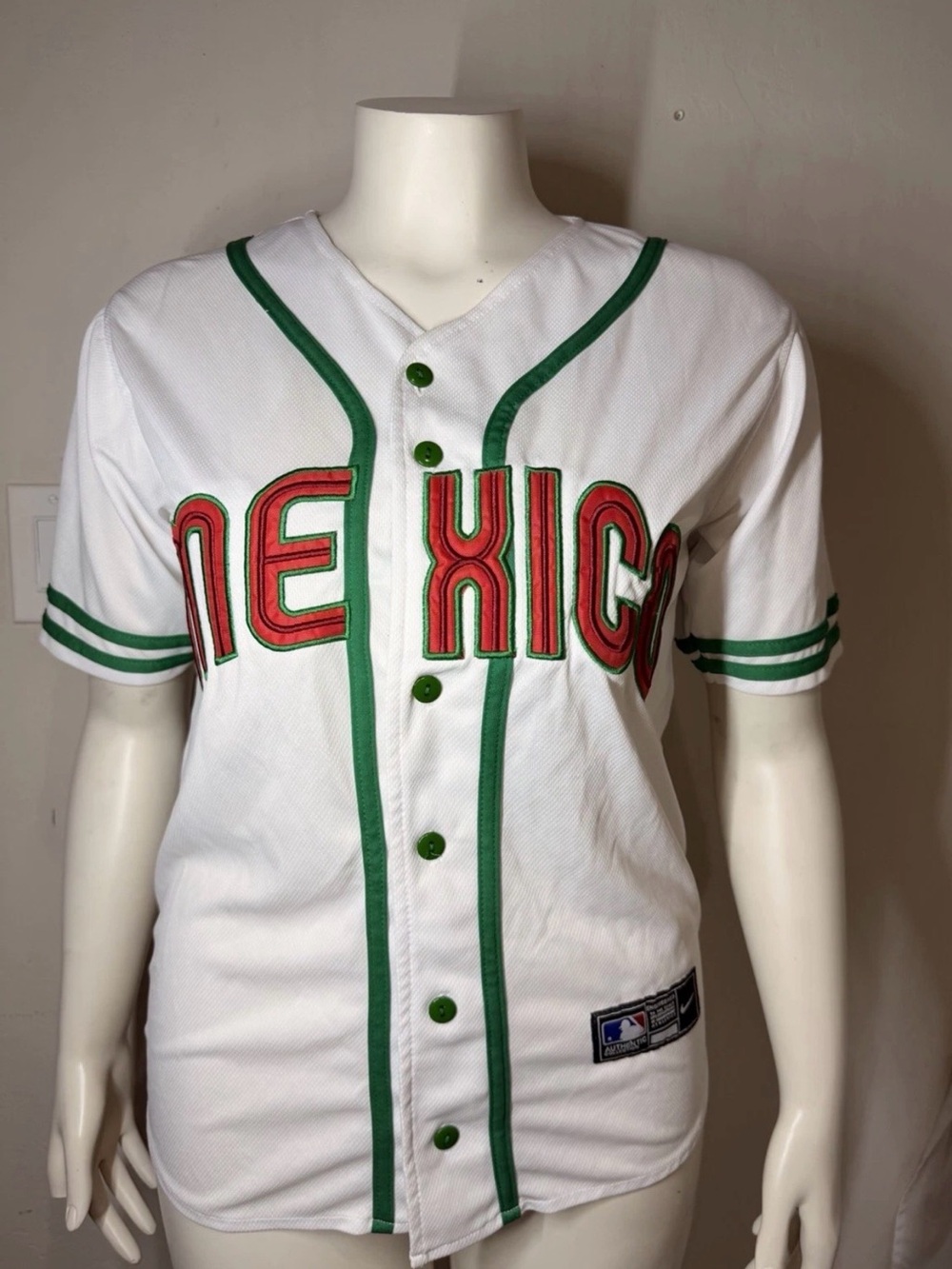 Nike White Baseball Jersey with Green and Red Accents